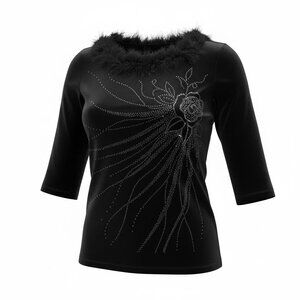 VINTAGE NEXXEN M Black Velvet Top Feather Collar Rhinestone Stretchy Cardigan